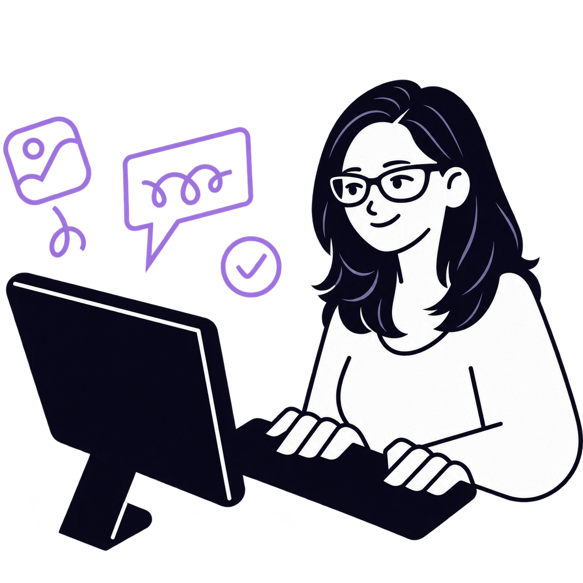 Illustration of Shani Lily with dark hair and glasses, typing at a desktop computer.